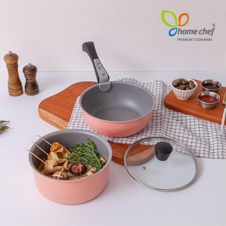 [홈셰프] 파르페 IH핑크 인덕션 매직핸즈4PCS(냄비20cm, 멀티웍팬22cm, 유리뚜껑20cn,멀티핸들), hc0504p-1